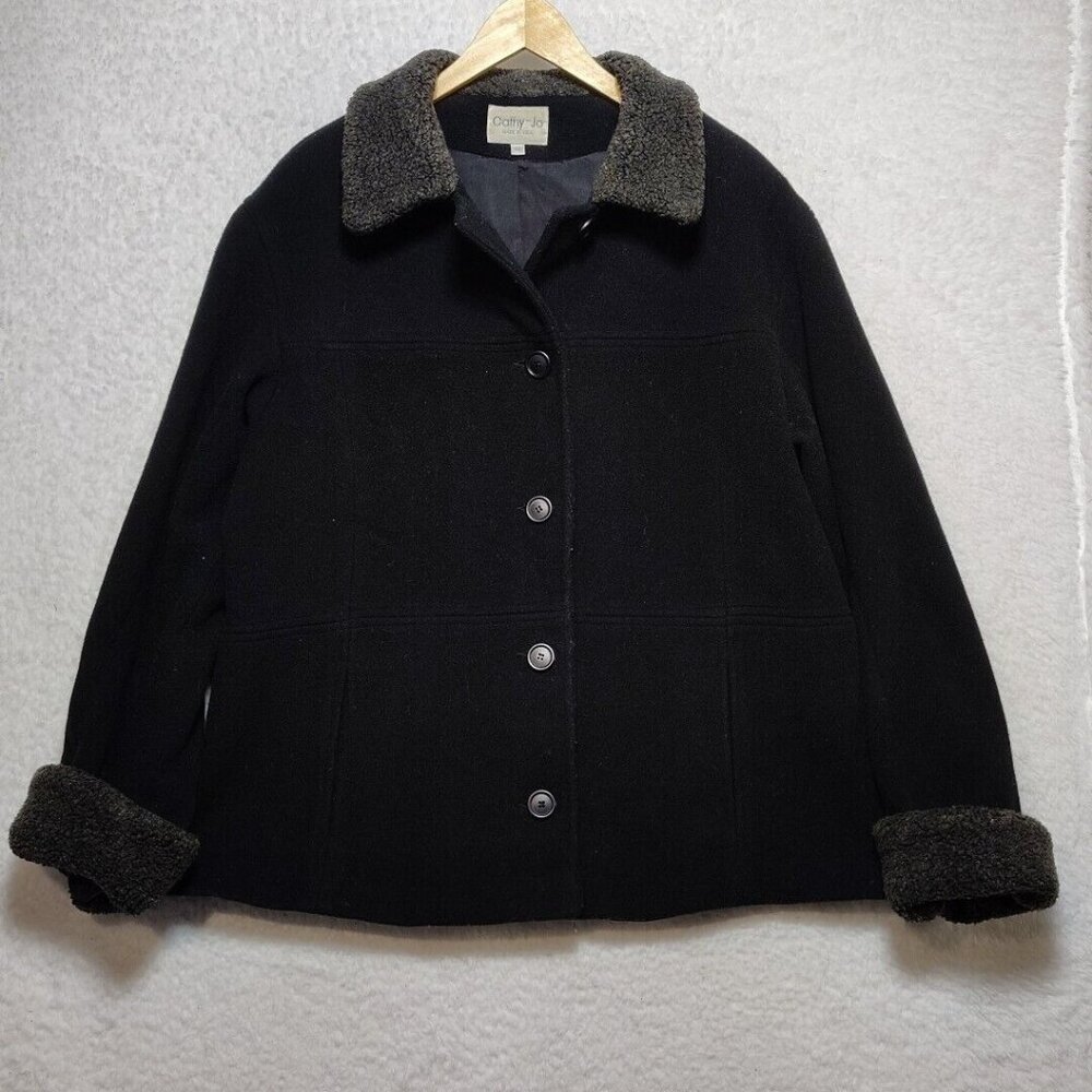Vintage Cathy Jo Black Wool Coat Faux Fur Womens Size 16 Made In The USA